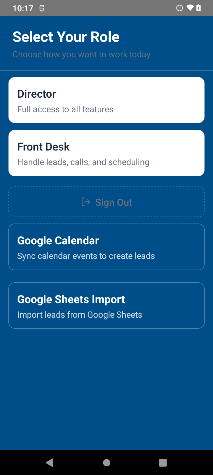 Actual Android role selection screen with Google Calendar and Google Sheets Import plugin cards